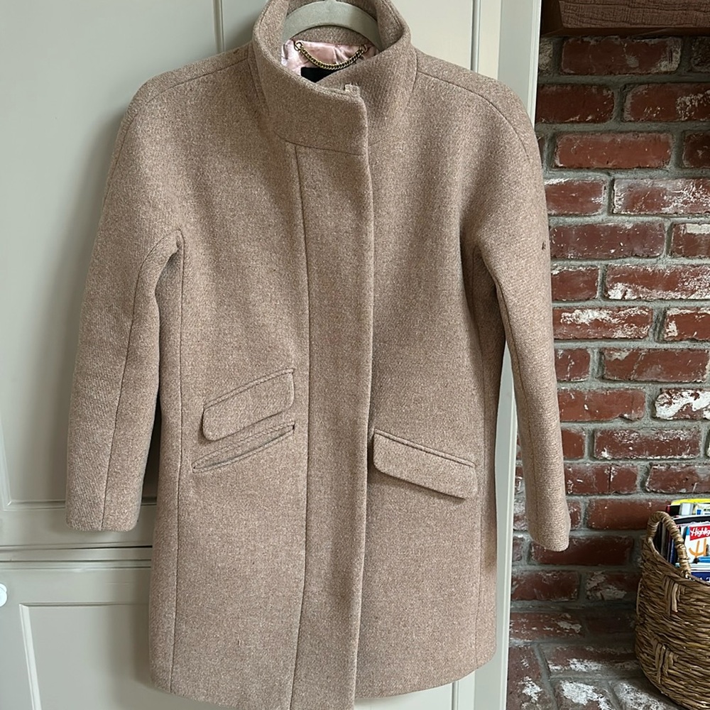 J Crew wool coat, tan. Fully lined with pink satin. Excellent condition.